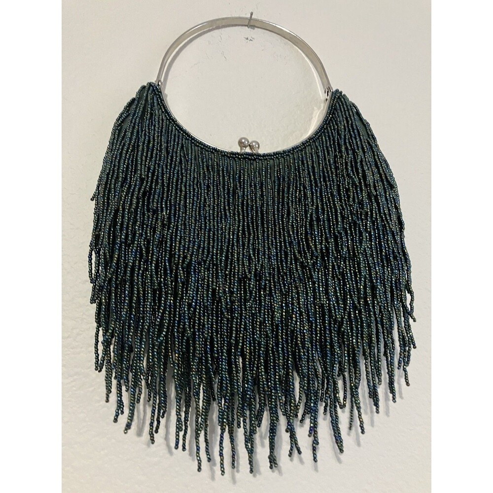 Carlisle Green Beaded Fringe Small Bag Purse Round Top Handle Clasp Flapper Sz S